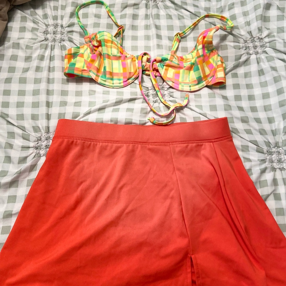 Xhilaration Plaid Bikini Top (Small) with Orange swim skirt Bottoms (Large)